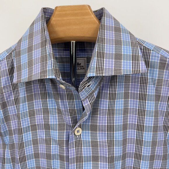 Peter Millar Men's Small Plaid Dress Shirt Blue Purple Brown Long Sleeve Button- - Picture 1 of 11